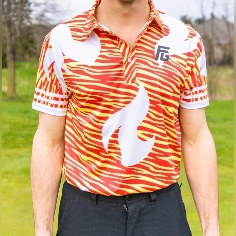 Flyte Golf Polo Shirt Mens XL Bold Pattern Red Gold Statement NWT